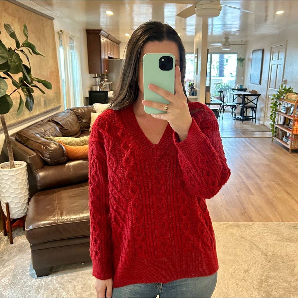 Vince Merino Wool Cashmere Red Cable Knit V - Neck Sweater Size S